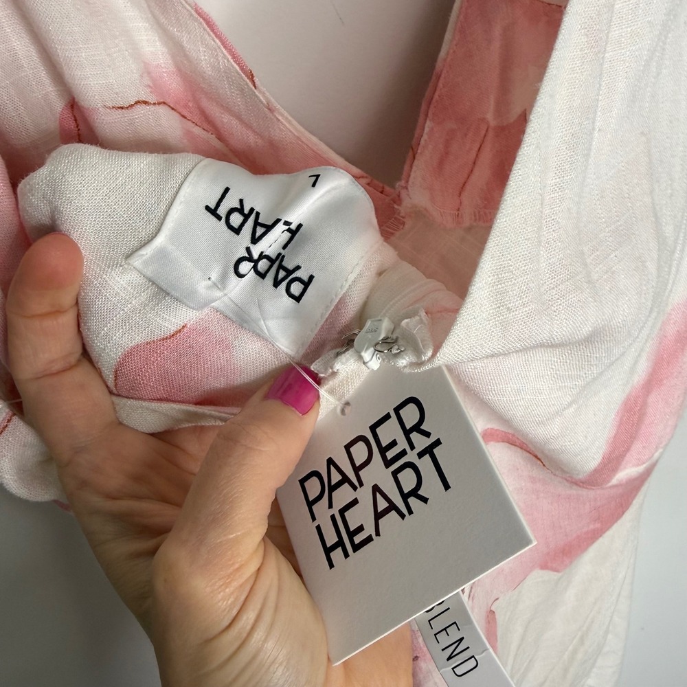Paper Heart Pink Floral Linen Blend V-Neck Maxi Dress White Cottagecore Garden L - Picture 5 of 5